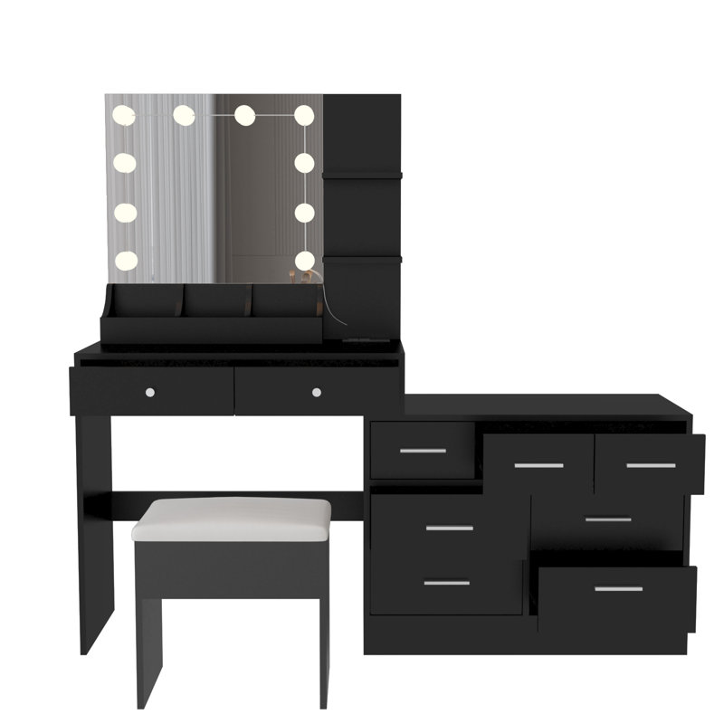 Grand ensemble de coiffeuse avec lumières, prise USB et prise de courant et 9 tiroirs, Noir