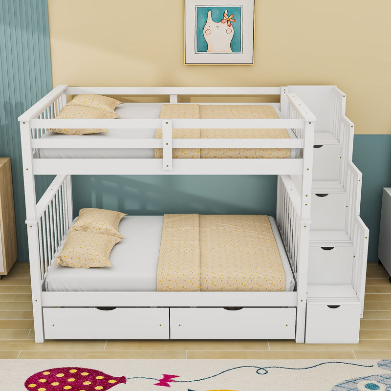Lit superposé double au-dessus de double avec tablettes et tiroirs de rangement, Blanc