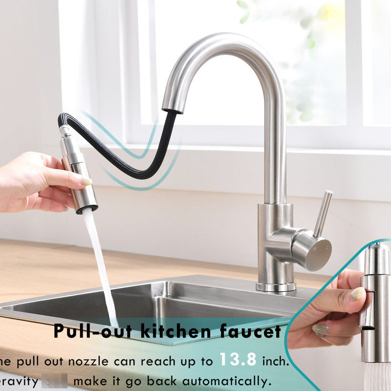 Robinet de lavabo à poignée simple en nickel brossé, rétractable pour la cuisine et la salle de bain, robinet de remplissage en céramique de conception classique en nickel avec douchette, style moderne et