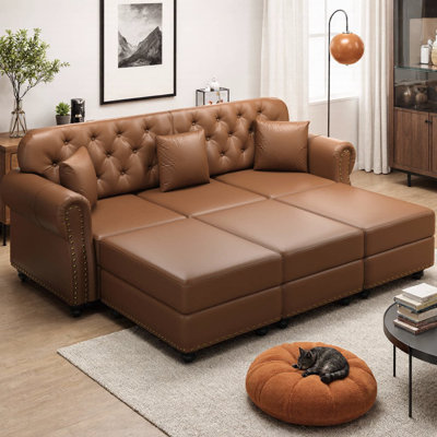 82.6" Upholstered Faux Leather Sectional Sofa, Mid-Century Modern Chesterfield Sofa Design with 3 Movable Ottomans, 3 Pillows, Tufted Back, Rolled Arms & Nailhead Trim