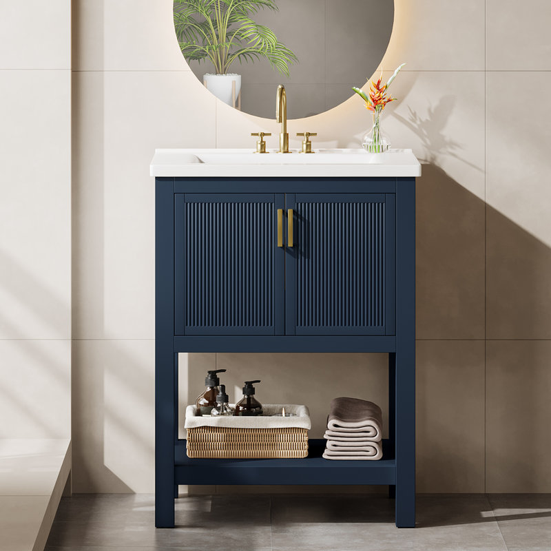 Meuble-lavabo simple 24 po avec plateau en céramique, meuble-lavabo autoportant avec cadre en bois massif et rangement pour porte