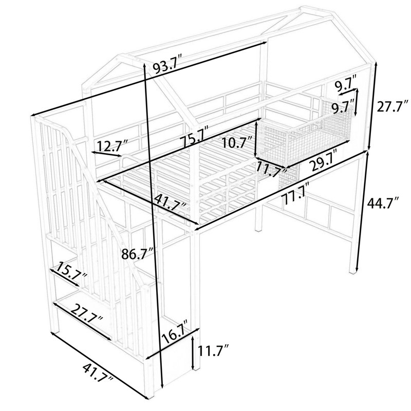 Lit mezzanine simple avec escalier, tablettes de rangement et garde-corps, Rose