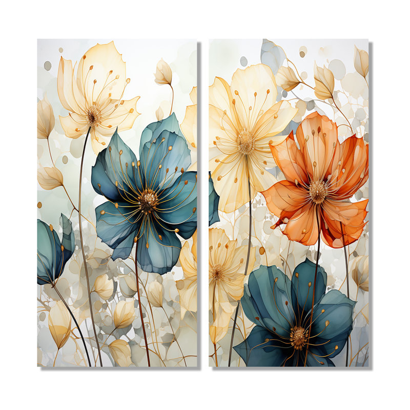 Mosaïque de pétales orange sarcelle I - art mural moderne 2 pièces, H 32 po x l 32 po, Toile tendue, Ne s’applique pas