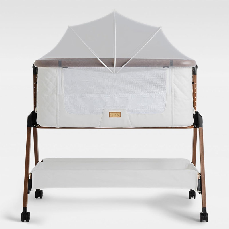 Bedside Cot with Mattress and Stand, Brown Wood/Dark Brown Wood