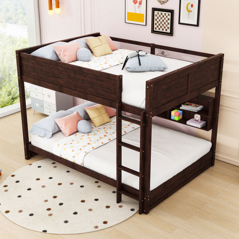 Queen Over Queen Wooden Bunk Bed With Built-In Storage Shelves And Charging Station, Brown