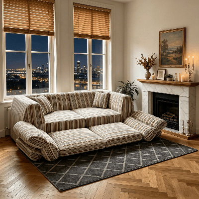 2-Piece Modular Compression Sofa – Chenille Stripe, High-Density Foam, No Assembly
