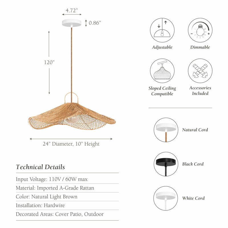 Luminaire suspendu d'extérieur en rotin Lotus Pad, 120 po filaire extérieur blanc