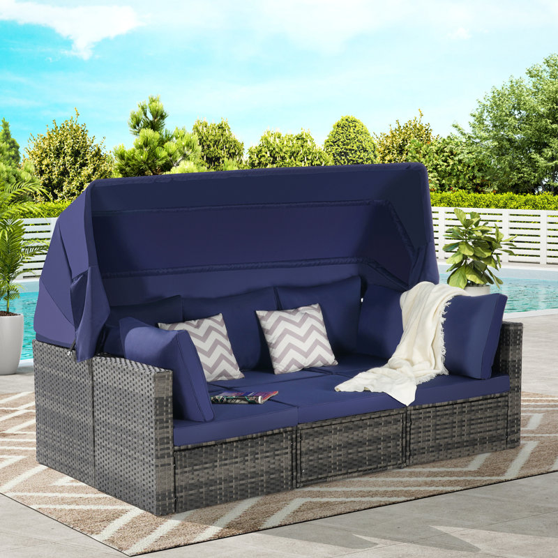 Lit de jour pour patio 5 pièces avec auvent et table d'appoint. Cadre robuste en acier résistant aux intempéries. Vaste coussins lavables à la machine. - Tissu hydrofuge. Dossier incurvé pratique. Gris, sièges bleu foncé 6