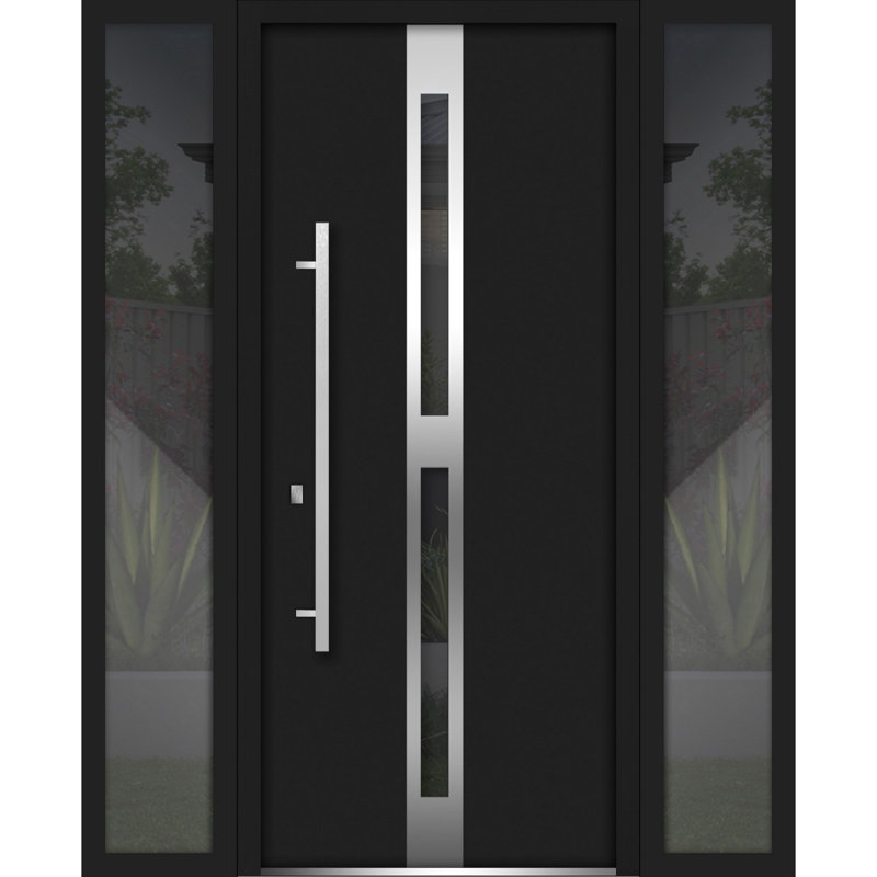 Porte avant en acier pré-suspendue à l'avant / deux en émail noir 1755/2 fenêtres extérieures latérales / inserts en acier inoxydable simples peints modernes - l 16 + 36 + 16 po x H 80 po - droitier