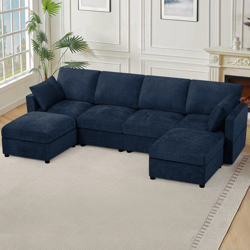 110" Chenille Sectional Sofa With Two Pillows And Ottoman, Modern 4-Seat Couch With Upholstered Cushion, U-Shape Sofa For Living Room, Office