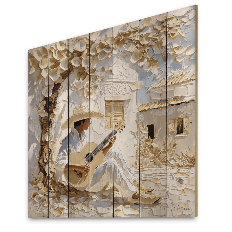 Musicien mexicain dans le village - Mexique, paysage, impression sur bois blanc sur bois de pin naturel, H 25 po x l 25 po