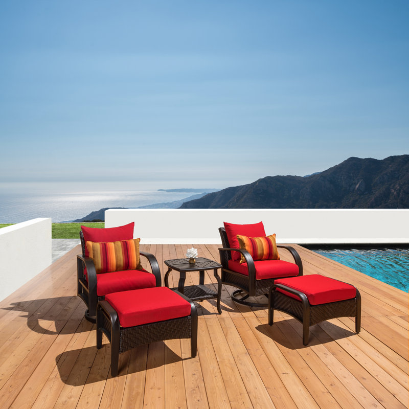 Barcelo 5 Piece Rattan Conversation Set with Cushions, Canvas Jockey Red Sunbrella® Canvas
