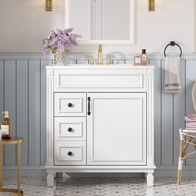 Meuble-lavabo de 30 po avec lavabo en céramique, deux tiroirs avec fonction d'atterrissage en douceur, lavabo à tablette réglable et tiroirs coulissants lisses