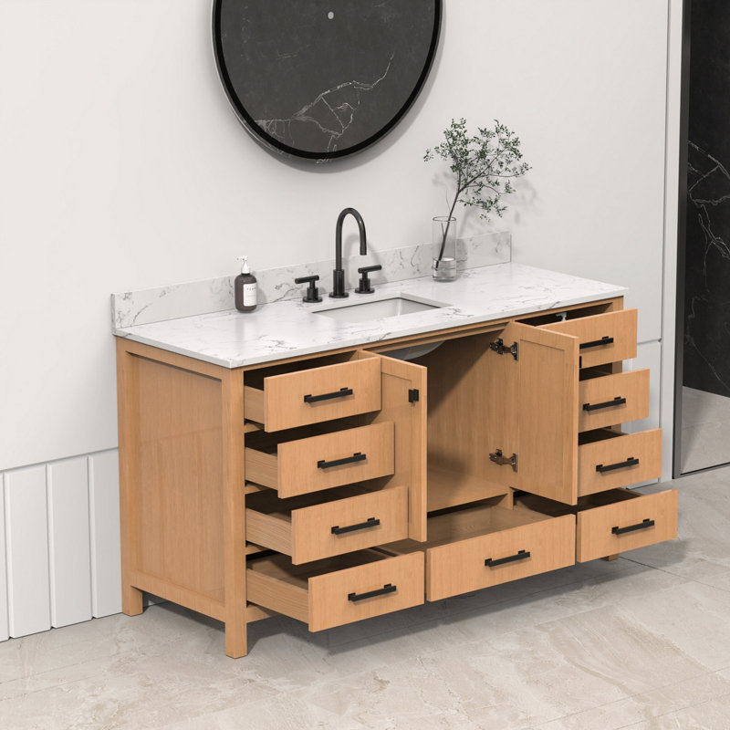 Meuble-lavabo autoportant 60 po avec comptoir simple en bois massif et structure en bois massif 60 po