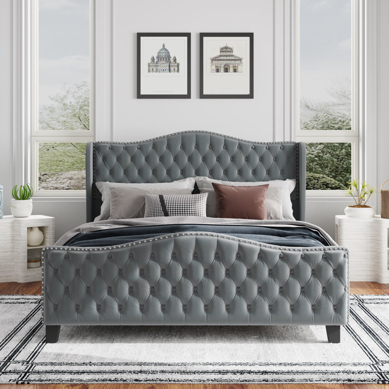 Mieya Velvet Upholstered Platform Bed Frame with Button Tufted Wingback Headboard and Footboard, King, Dark Gray