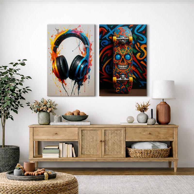Casque coloré et œuvre de planche à roulettes, H 24 po x l 32 po x P 1,5 po, Toile tendue