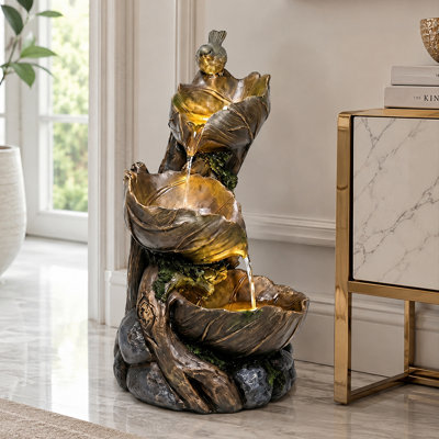 Fontaine d'intérieur en cascade de feuilles de lotus avec lumières DEL et décor d'oiseau, fontaine de bureau à niveaux en résine de 23,6 po de hauteur, plateau de table zen relaxant pour le bureau du salon, à brancher