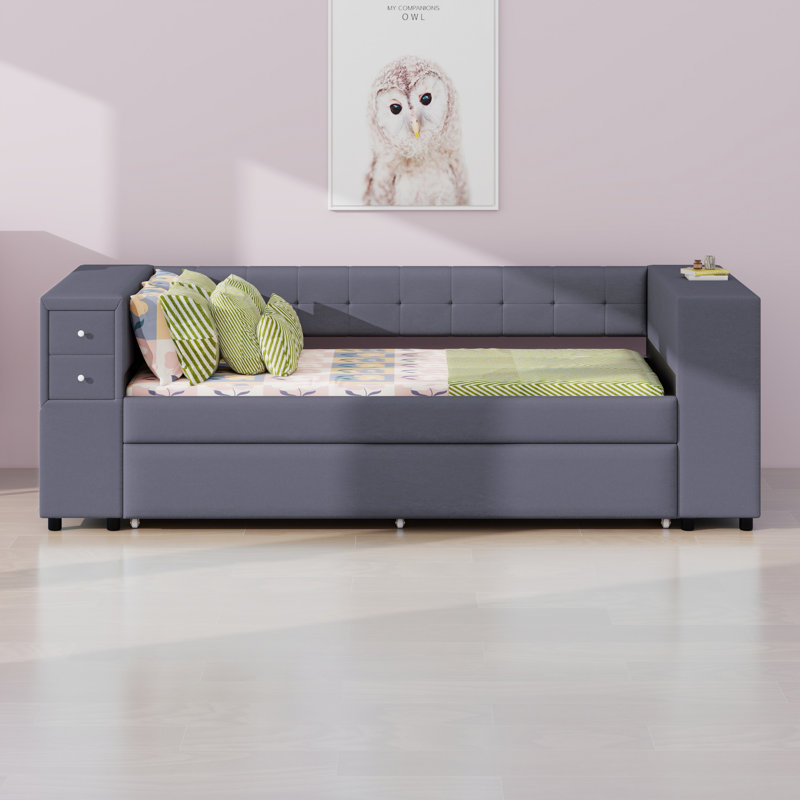 Lit rembourré avec rangement et lit gigogne, ports de chargement USB, Gris