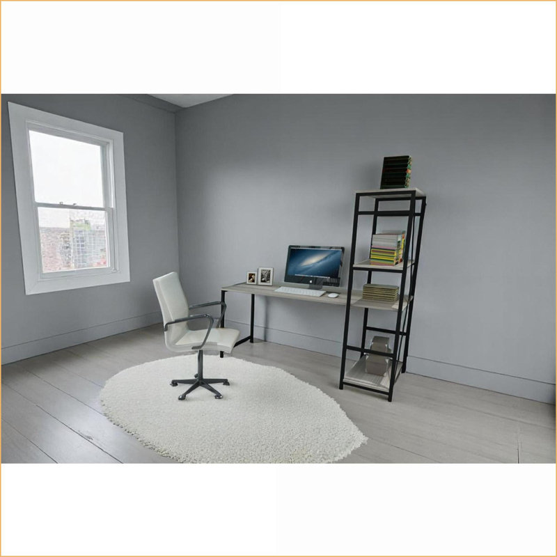 Bureaux: Bureau d'ordinateur moderne avec plateau en chêne 58 po avec 2 tablettes, cadre en métal noir pour le bureau personnel | Noir | Bois massif