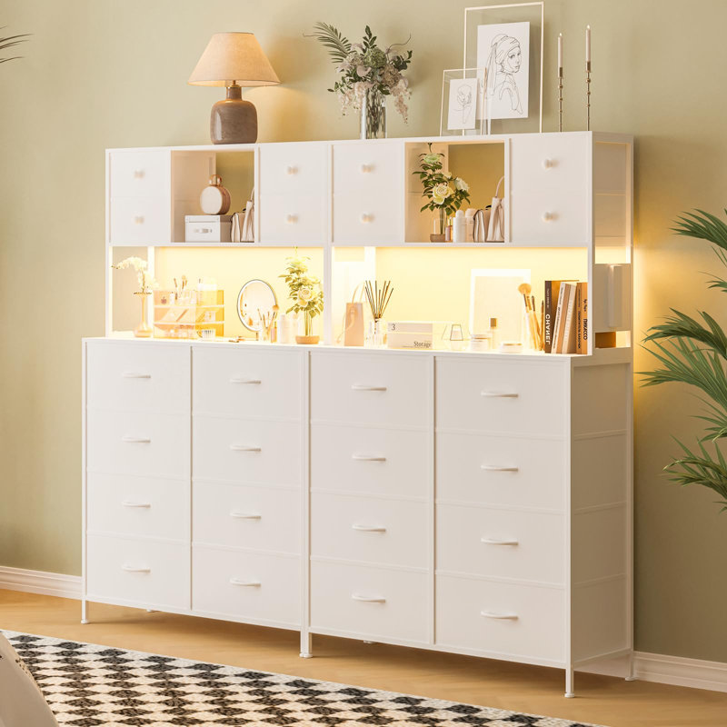 12 Drawer Fabric Dresser with LED Lights, Power Outlet & Open Shelves, Wood Top Metal Frame, White