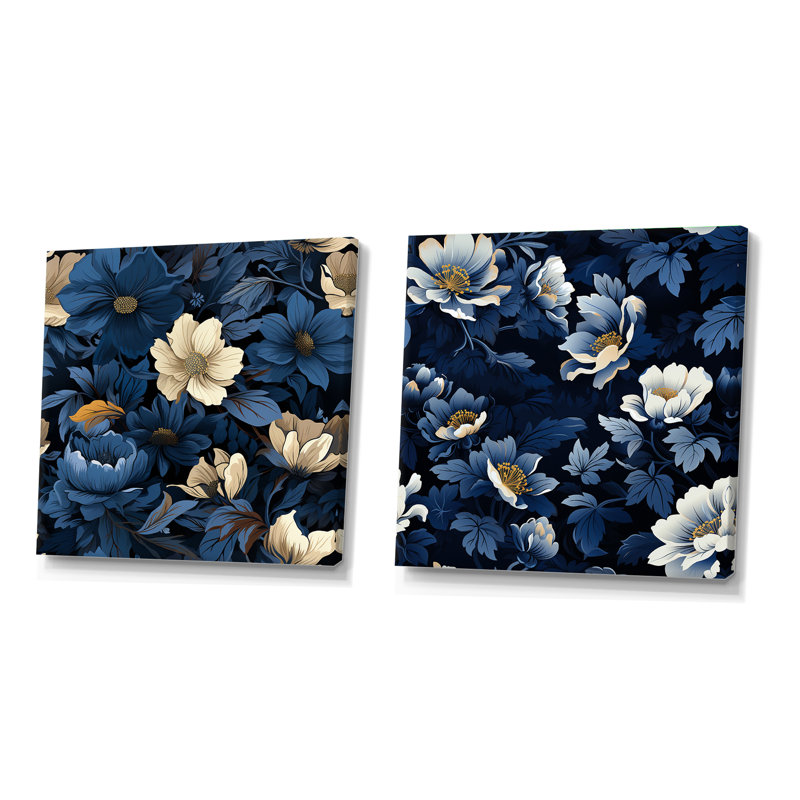 Nightfall - Ensemble de 2 collages carrés bleus et blancs à motif floral, H 30 po x l 61 po, Toile tendue