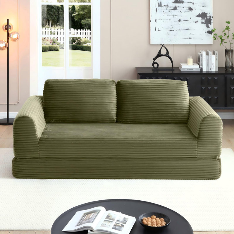 Canapé-lit rembourré 82 po avec 2 coussins en velours côtelé rembourré Corduroy - aucun assemblage requis, Vert
