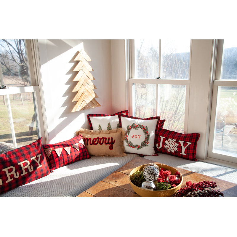 Joy Rustic Wreath Embroidered Cotton Holiday Pillow