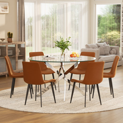Ensemble de salle à manger moderne en verre rond, table en acier inoxydable avec chaises en cuir de polyuréthane, ensemble de salle à manger et de cuisine contemporain pour 4 à 6 personnes, luxe et économie d'espace