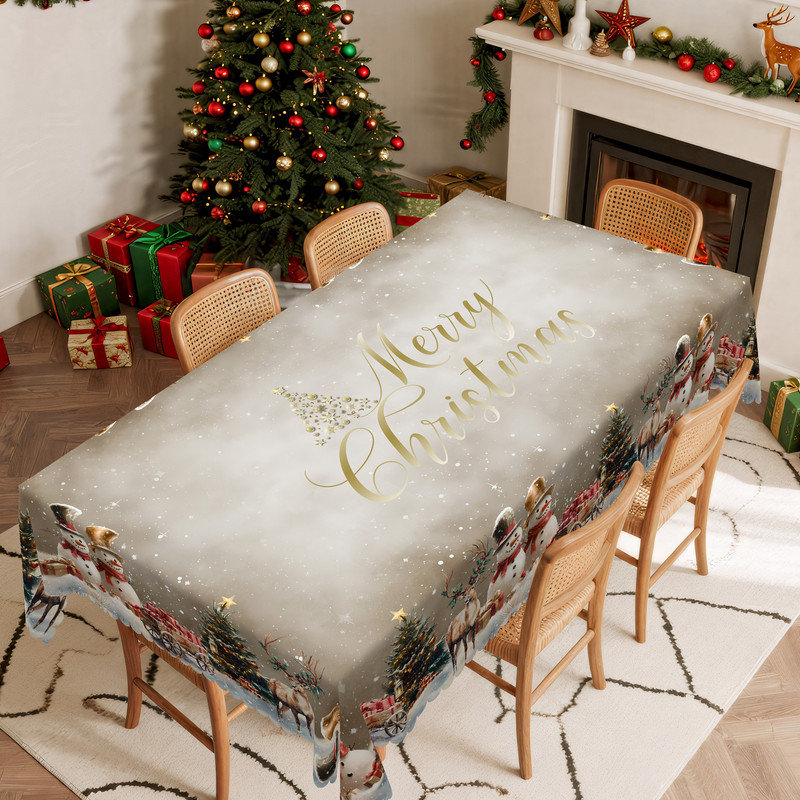 Grayish-White Washable Christmas Snowman Pattern Polyester Tablecloth, 86.6" L x 70.8" W