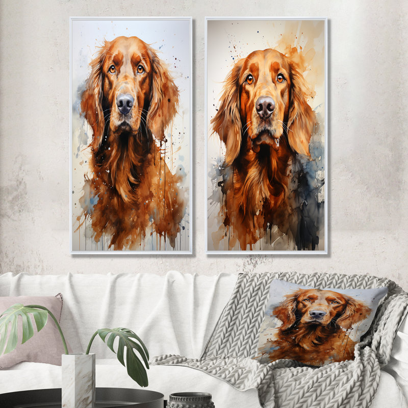 «Dog Irish Setter Impressions», ensemble de 2 reproductions d'art sur toile, Cadre blanc, H 32 po x l 33 po