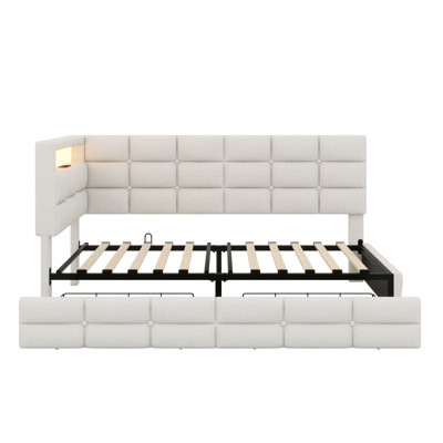 Upholstered Daybed With Storage 2 Drawers And Charging Station, Day Bed Frame With LED Lights And Storage Headboard