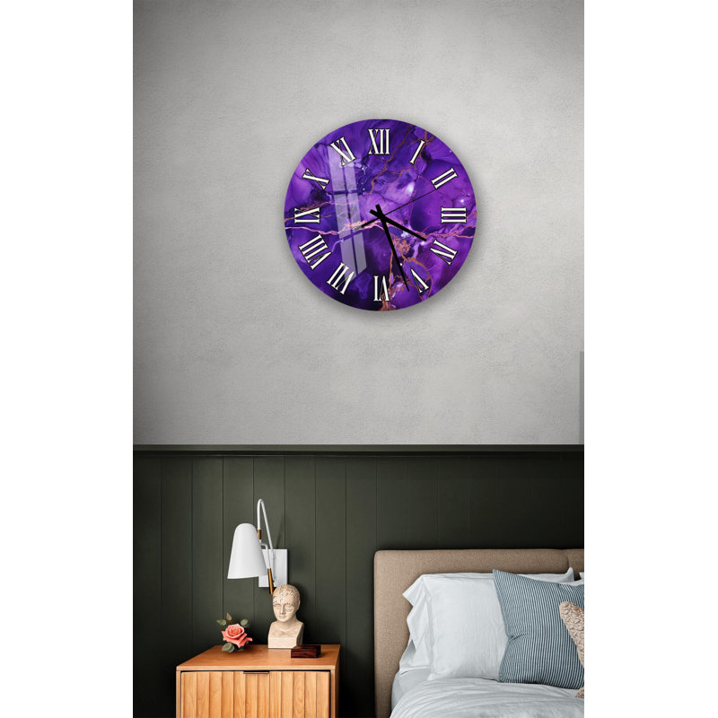 Horloge murale mauve abstraite, décor fluide fluide violet, montre moderne en verre trempé, montre ronde de luxe effet marbre pour la maison