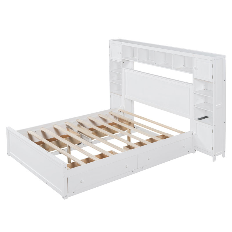 Grand lit plateforme en bois avec armoire intégrée, tablette et prises de courant, cadre de lit moderne avec rangement blanc