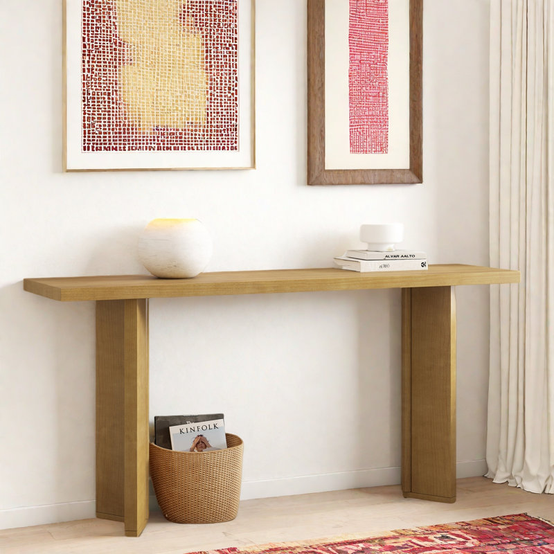Console moderne avec structure de forme géométrique et grain de bois, Naturel