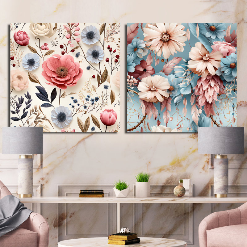 Arda - Ensemble de 2 collages carrés floraux, H 30 po x l 61 po, Toile tendue