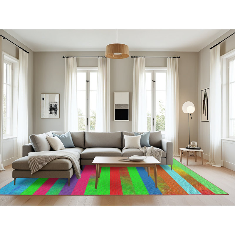 Tapis rayé rouge / vert / bleu Elloree, Rectangle 8 pi x 10 pi