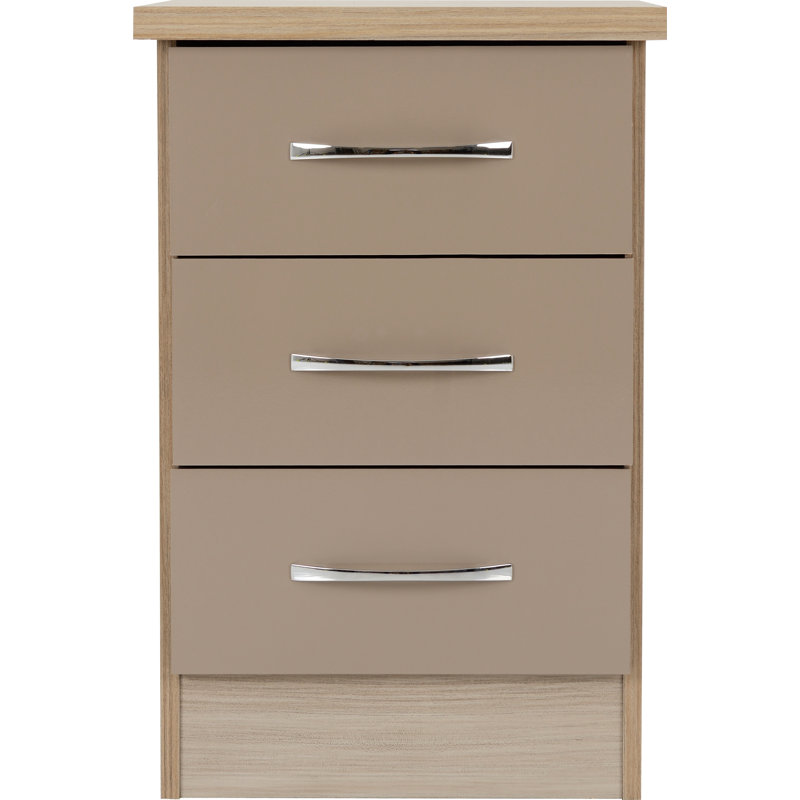 Cascio 3 Drawer Bedside Table, Oyster Gloss/Light Oak Effect Veneer