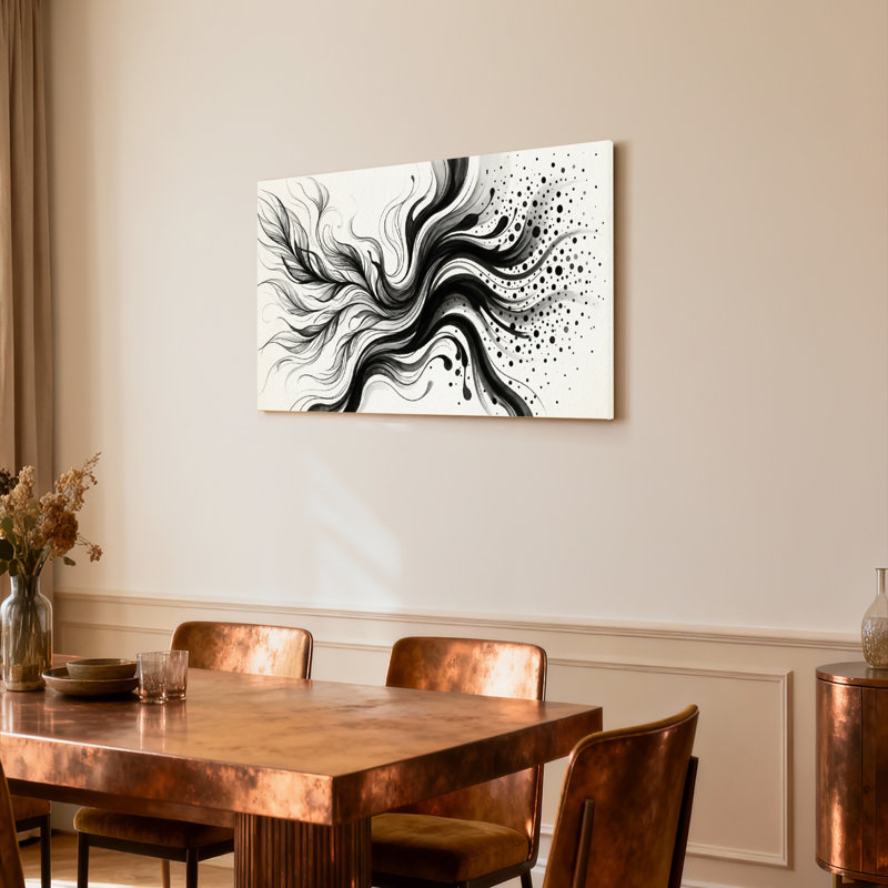 Ensemble de 1 tableau abstrait noir et blanc avec éclaboussures d'encre, H 12 po x l 18 po