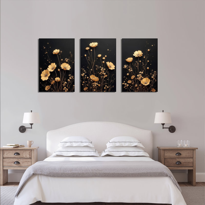 Art floral doré doré sur toile tendue, reproduction de peinture à l'huile abstraite (ensemble de 3), H 30 po x l 60 po