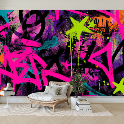 Peel and Stick Wallpaper 96" W x 69" H Modern Self Adhesive Wall Mural for Bedroom Abstract Graffiti Spray Ink Elements Brush Painting