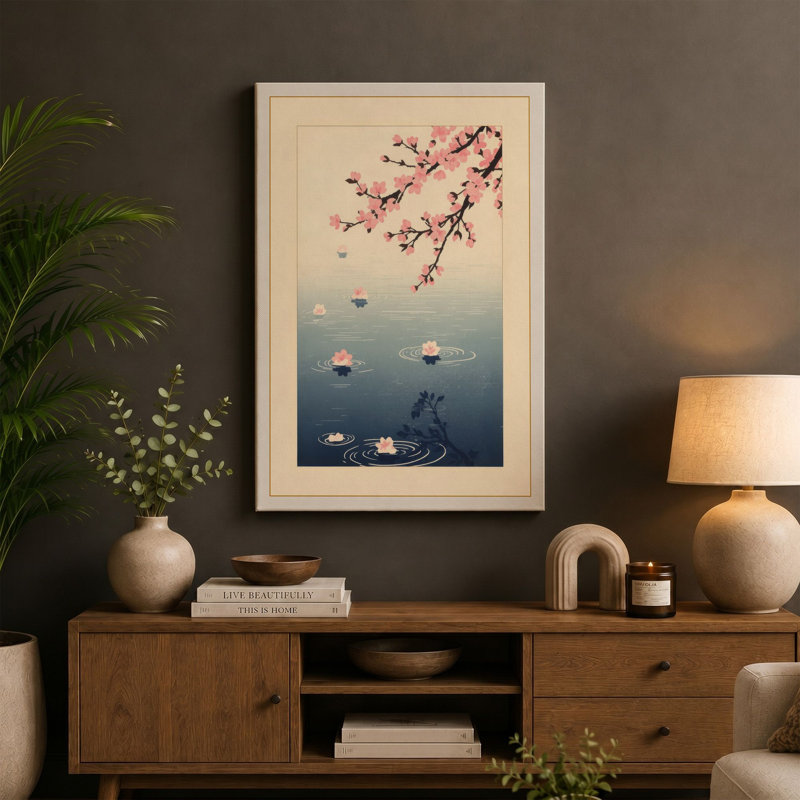 Cherry Blossom Over Water Japandi - Wrapped Canvas, 24x16 - 61.0 x 40.6 cm, Taupe Border