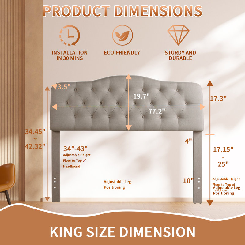 Adjustable Height Headboard with Linen Upholstery and Button Tufting for Bedroom, Beige, King