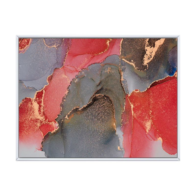 Gris et rouge, art abstrait fluide de luxe - peinture sur toile, Cadre flottant blanc, H 24 po x l 32 po