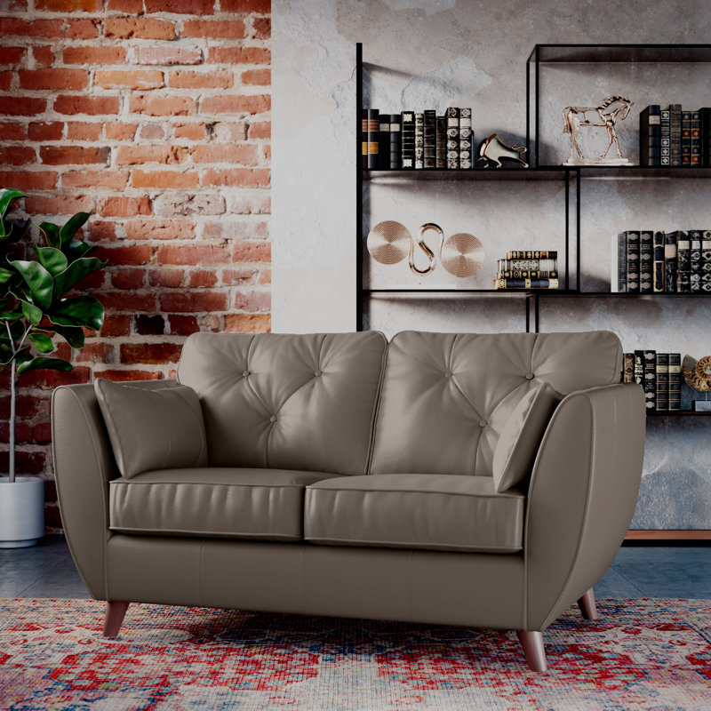 Marylin 2 Seater Leather Tufted Sofa, Dark Wood, Stone Grey