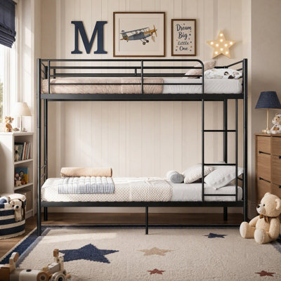 Twin Over Twin Metal Bunk Bed, Convertible into 2 Twin Beds, Twin Over Twin Bunk Bed with Ladder and Safety Guardrails
