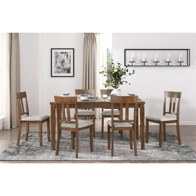 Transitional Styling 7-Piece Pack Dinette Set Cherry Finish Dining Table And 6X Side Chairs Textured Fabric Upholstered Seat Wooden Classic Look Furniture