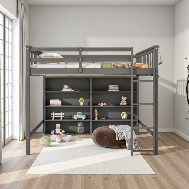 Lit mezzanine avec 8 tablettes de rangement ouvertes, Gris antique, Lit double