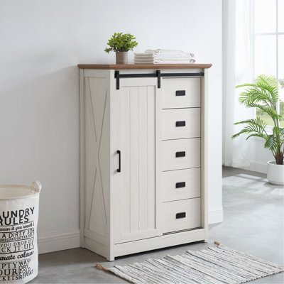 Daneal Farmhouse Dresser with 5 Drawers, Sliding Barn Door and Adjustable Shelves