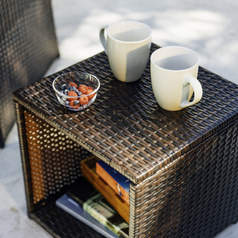 Jacinta 2 - Person Wicker Outdoor Seating Group with Table and Weather Resistant Cushions, Brown/Navy
