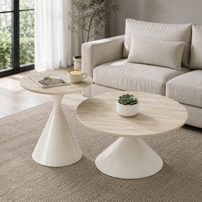 Ensemble de 2 tables basses rondes avec base en acier, table basse multifonctionnelle et élégante, Blanc naturel / blanc